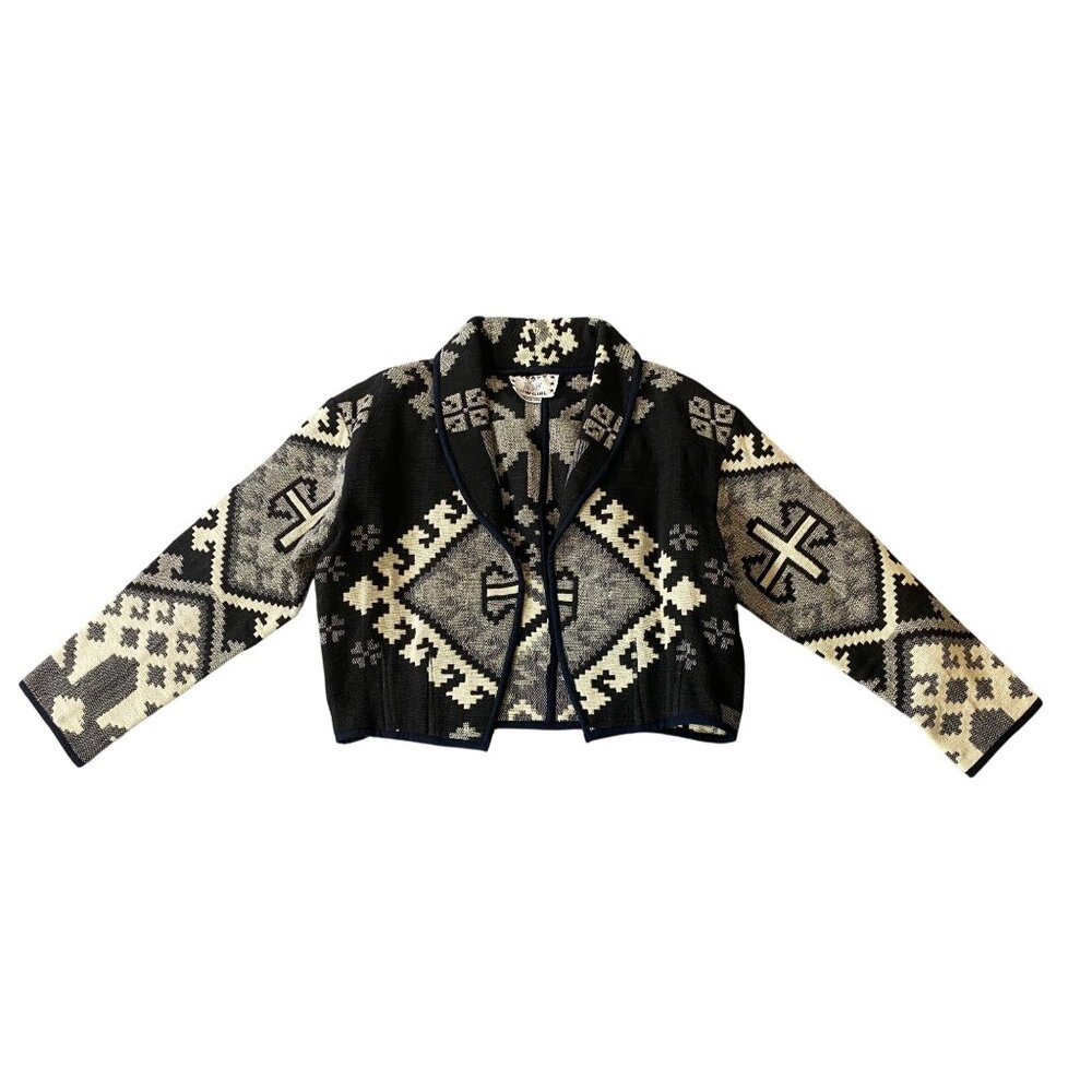 Vintage Crazy Cowgirl Black & Cream Cropped Jacket Tribal Pattern Large - Picture 2 of 8